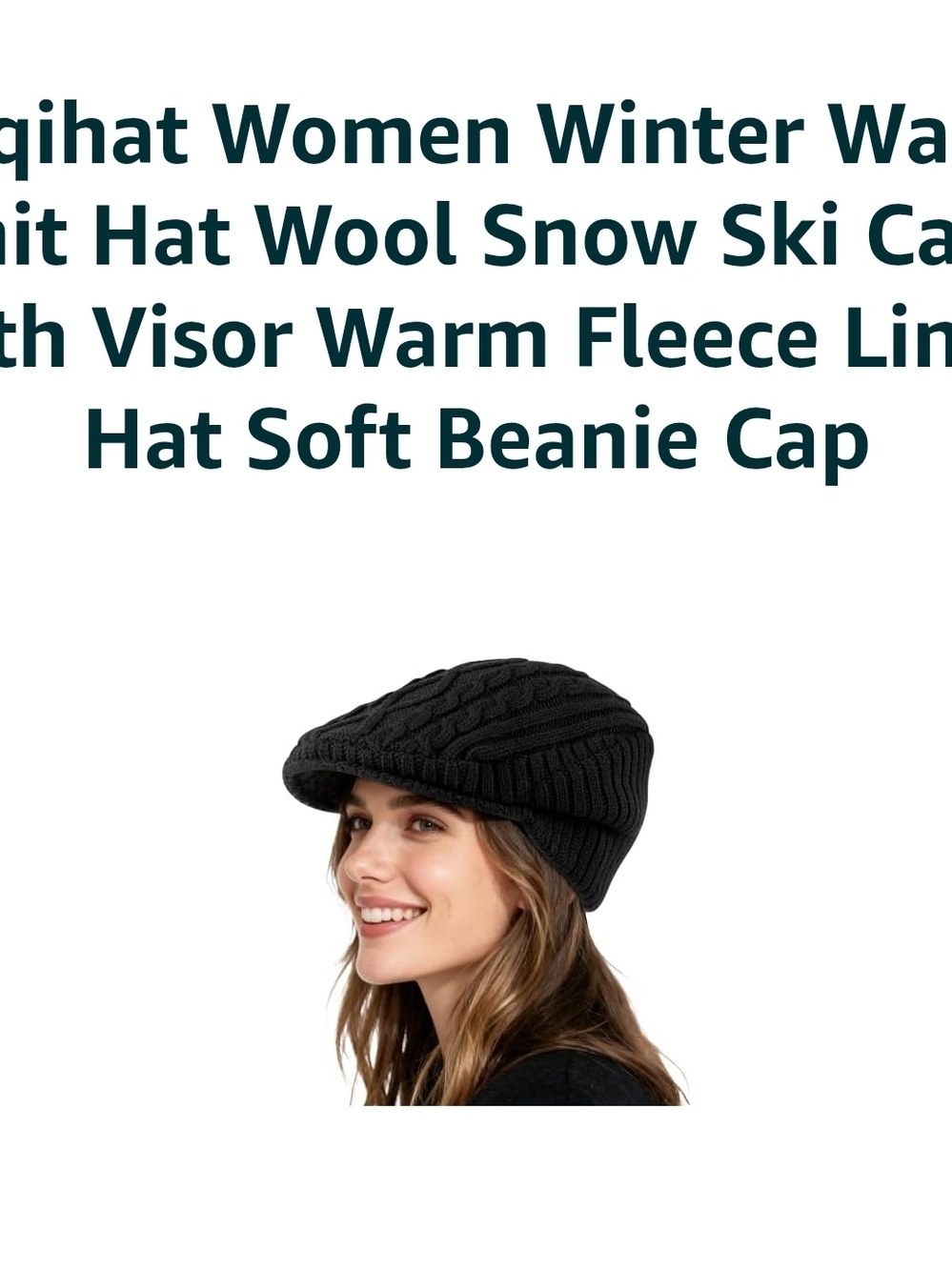 Women’s Black Cable Knit Visor Beanie Hat